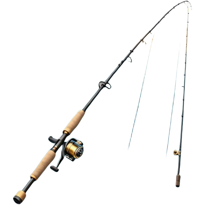 Cinematic Realistic Fishing Rod, sleek graphite rod with a smooth, polished reel, thin line disappearing into a shimmering lake, warm golden sunlight reflecting off the water, glowing with a tranquil and adventurous aura. emoji