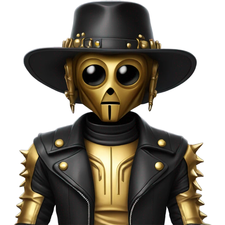  c3Po wearing Satan’s leather biker outfit with hat walking emoji