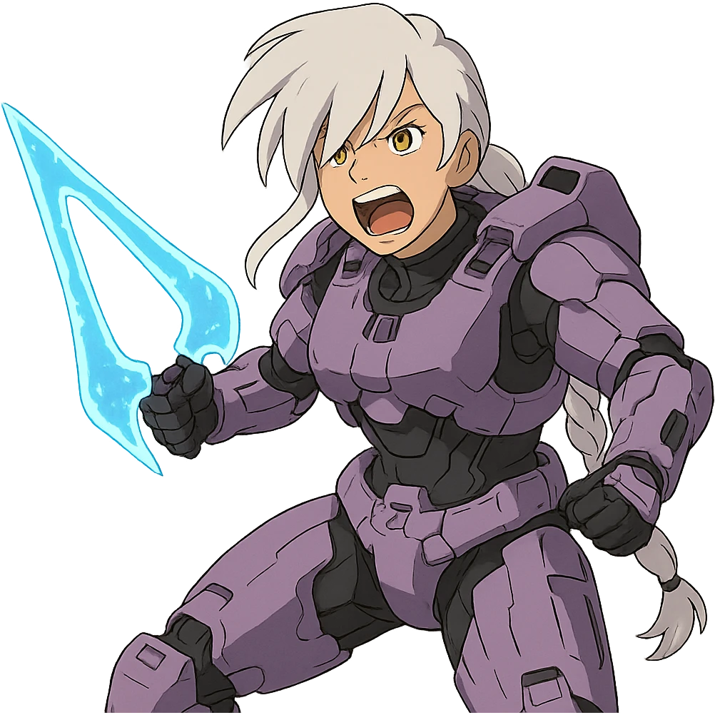 female, wearing reach spartan armor default, long white braid hair with massive messy front side single bangs, gold yellow eyes, attention pose, HALO:series, no helmet, the armor is lavender color scheme, shoulder pad off. DDD bust size fitting. Punk gothic cyberpunk, brandishing a covenant energy sword, preparing to swing and yelling emoji