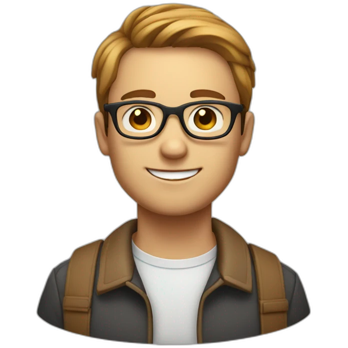 Short light brown hair guys with glasses eatings an apple pie emoji