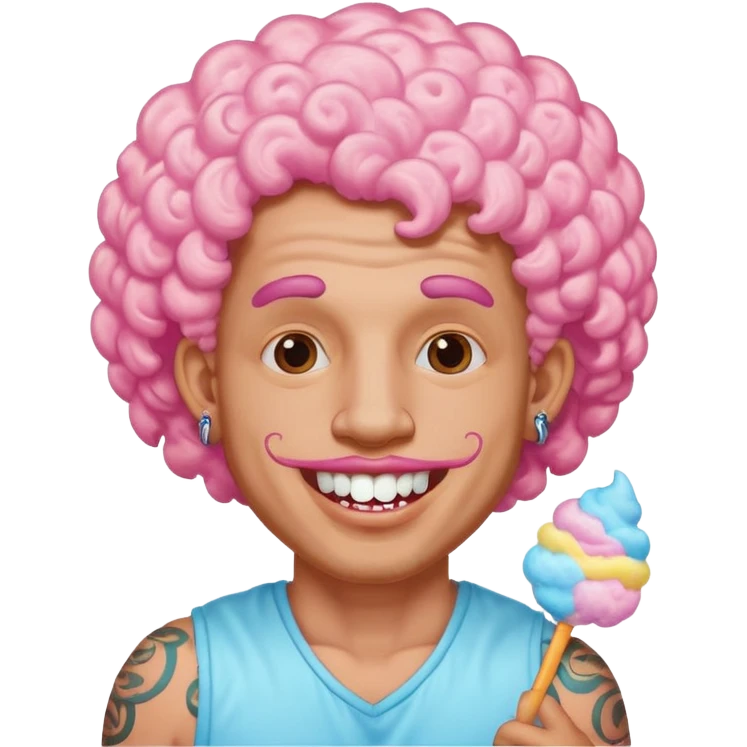 very cheerful colorful puffy curly haired man made out of cotton candy with teeth-braces and tattoos and face tattoos just face  emoji