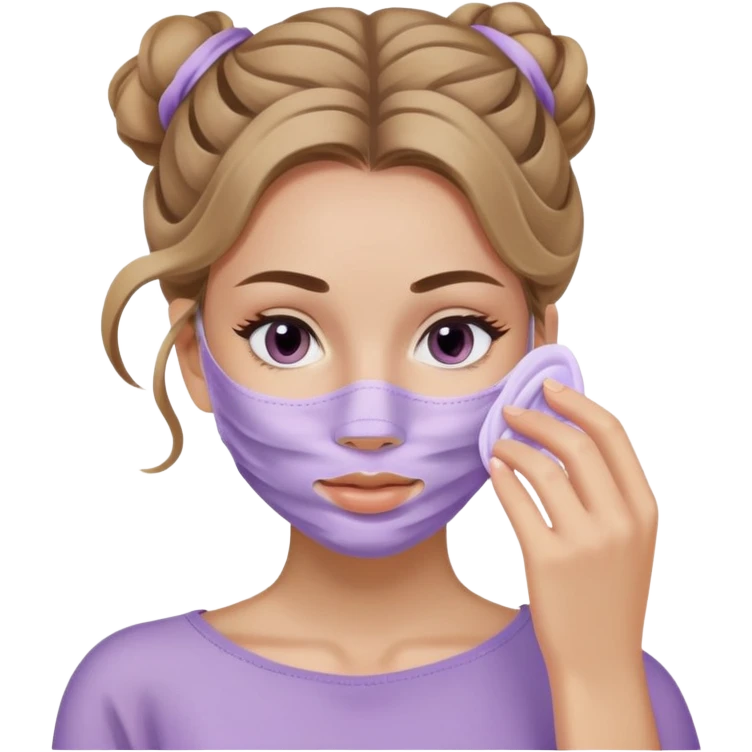 caucasian girl with long wavy dark blonde hair in messy bun applying lilac skincare mask covering face emoji