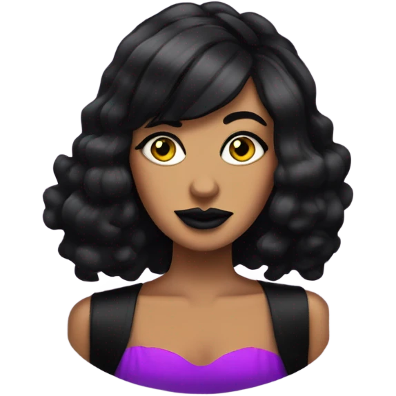 Tanned woman with black hair dressed in 1990s goth hair, makeup, and neon attire  emoji