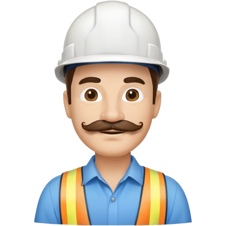 Business owner, well dressed, blue shirt, mustache, construction protection hat, happy emoji
