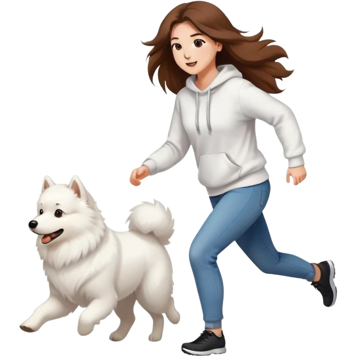 A beautiful girl with long hair wearing a white sweatshirt and jeans is running with a Samoyed emoji