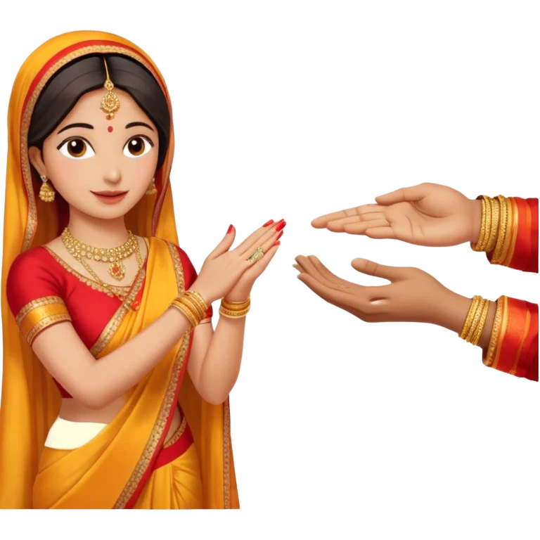 Two hands in a engagement..One hand of groom and one hand of bride. Bride hand - red/yellow saree. groom- light orange punjabi (oonly hands will be visible in the image) emoji