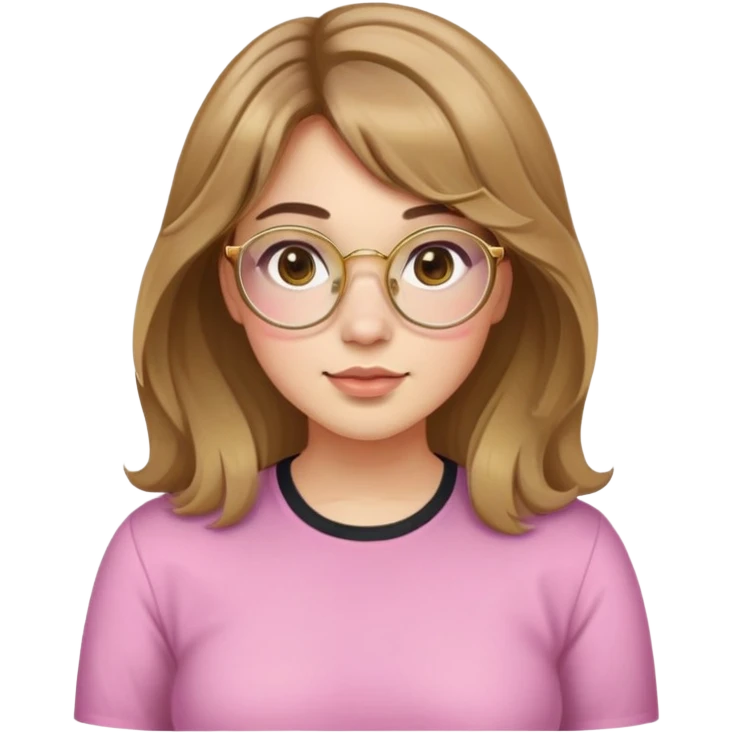 young adult woman with light skin, round face, prominent cheeks, medium plump body, long light brown hair with golden highlights, voluminous and wavy, long bangs over eyebrows, large octagonal glasses with thin golden or light pink frame, casual dark shirt emoji