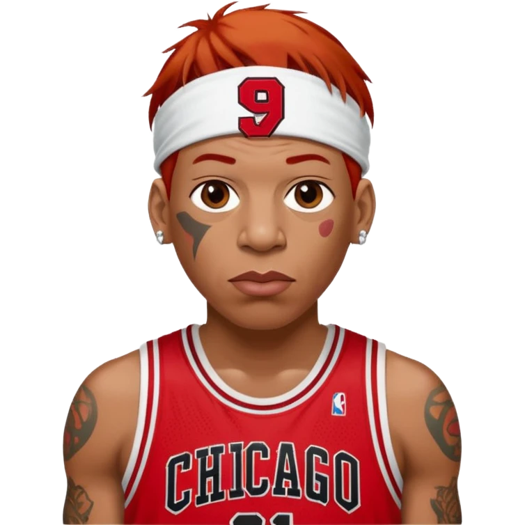 Dennis Rodman with a basketball and “91 “Chicago bull.with a very short red hair emoji