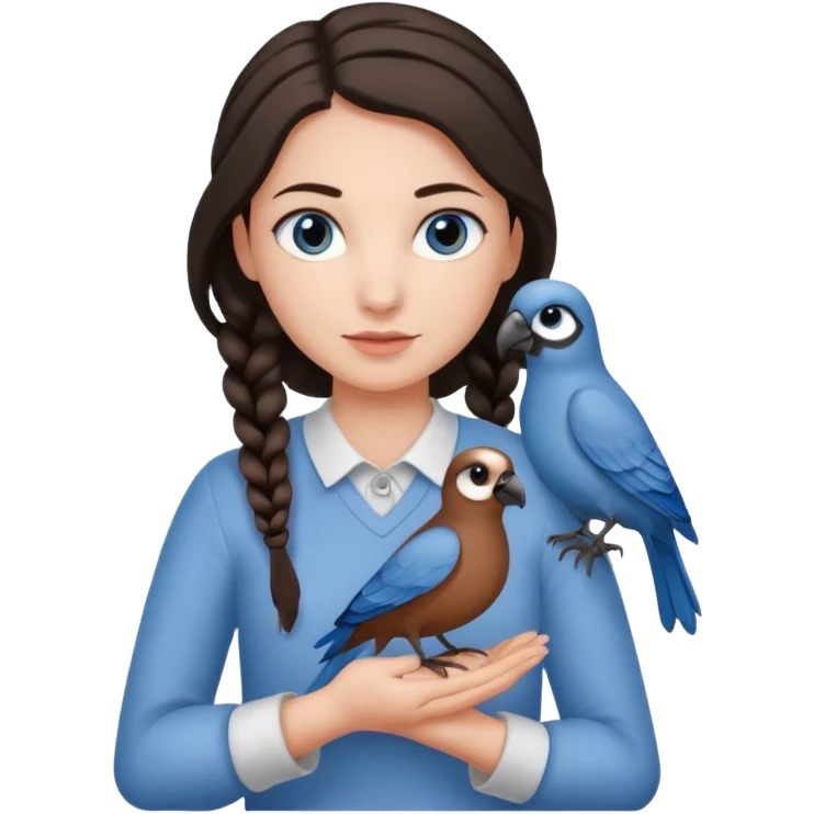 женщина с одной темно-коричневой косой серо-голубыми глазами и светлой кожей держит на руке трех птиц коричневого цвета emoji