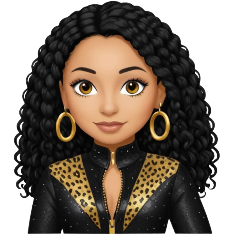 Raven Symone from Cheetah Girls with long jet black hair, black sequin outfit emoji