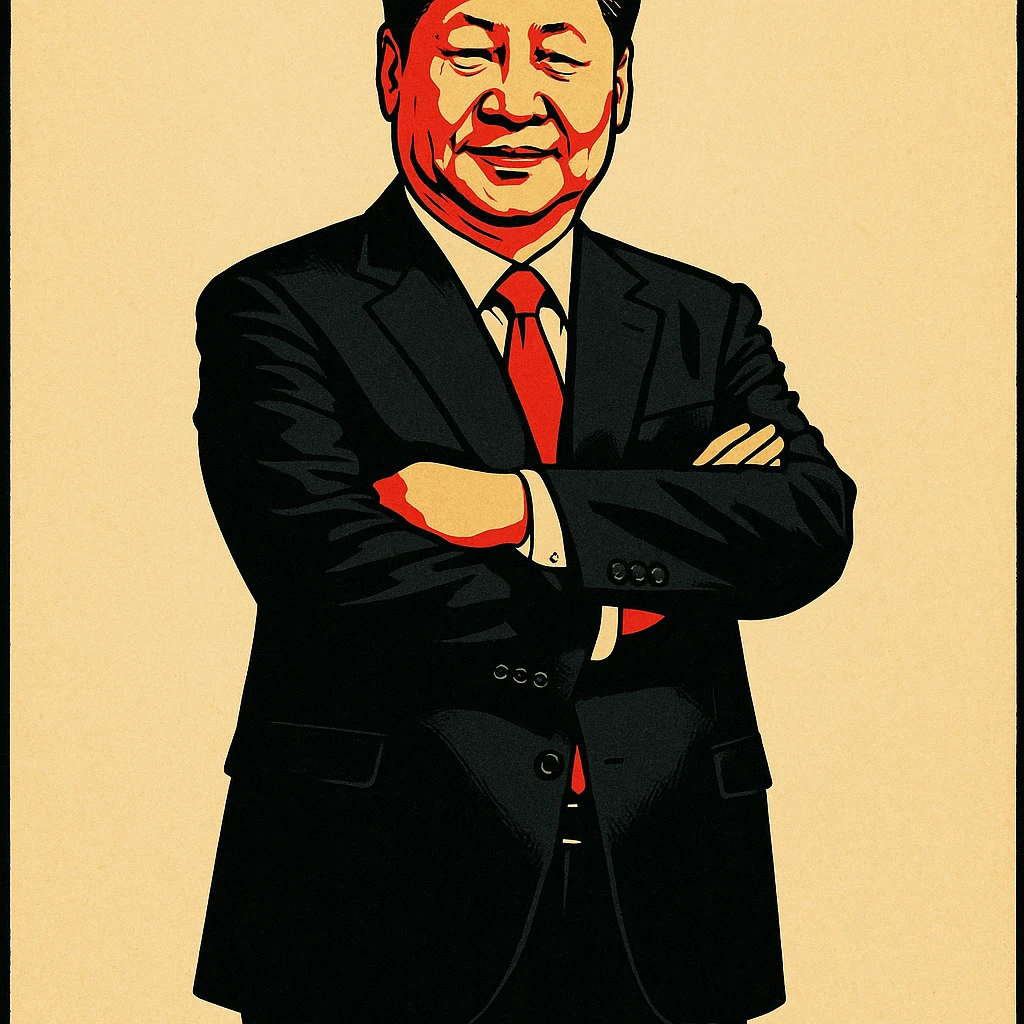 centered full-body portrait, Xi Jinping lookalike, arms crossed, black suit, red tie, bold poster-like style, plain background emoji