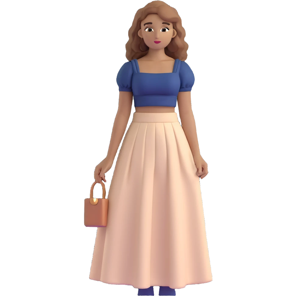 tan girl with wavy hair, white long skirt, navy blue ruched square neck crop top emoji
