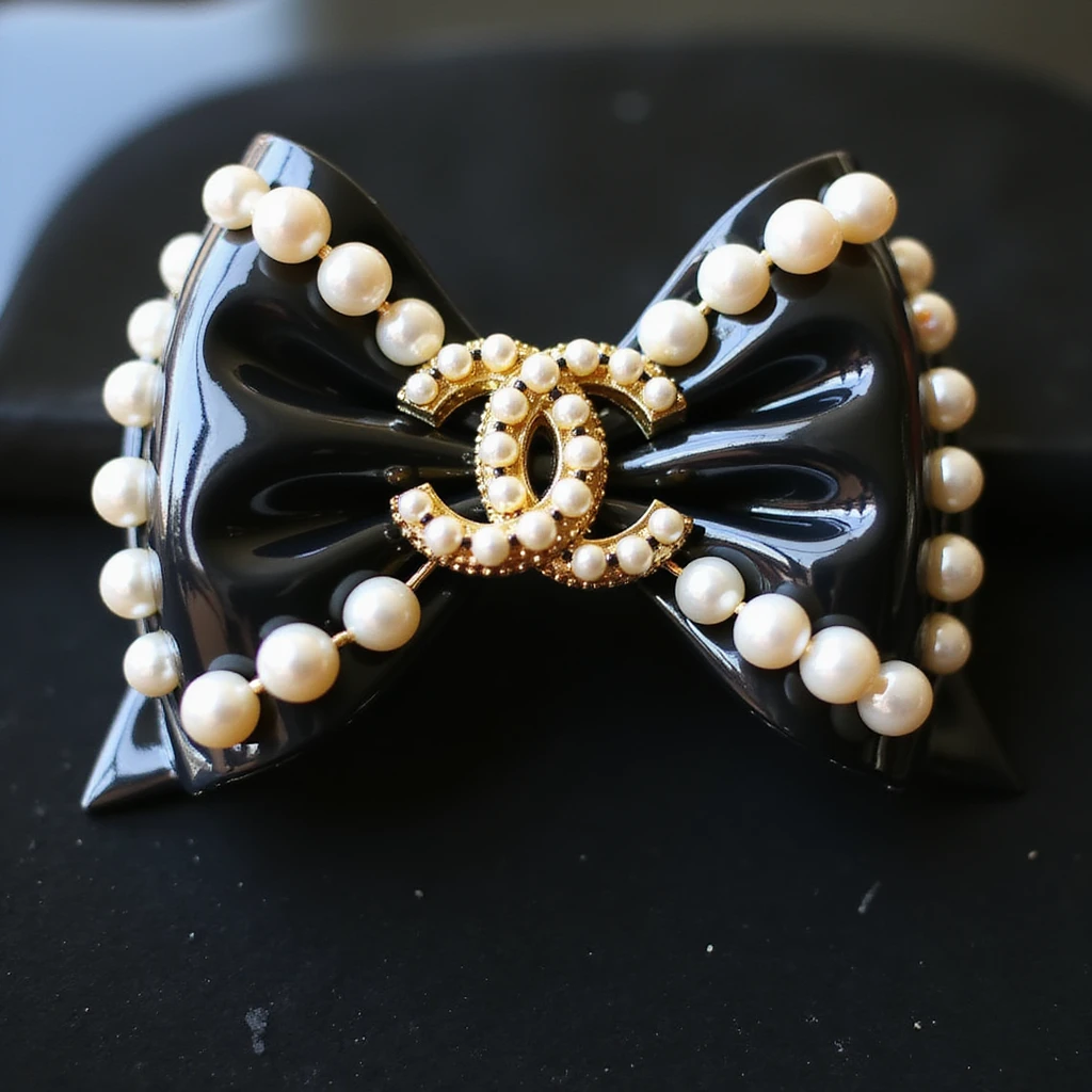 elegant bow with pearls and gold Chanel logo, glossy, monochrome, realistic style emoji