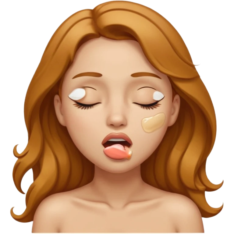 A light-skinned naked adult female with golden-brown hair, with eyes closed and mouth open with white thick fluid on her lips and left cheek. emoji