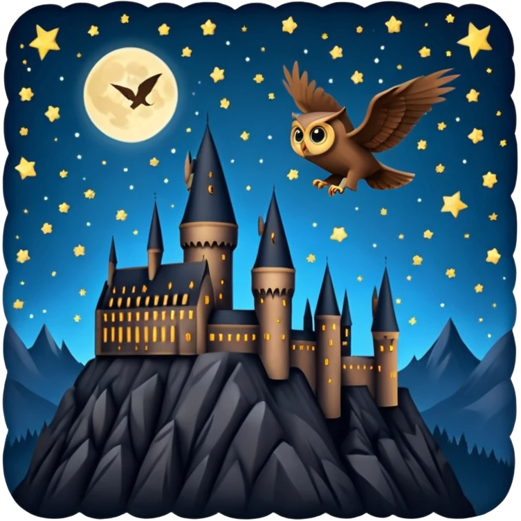 hogwarts castle on a starry night and owl flying in the air silhouette  emoji