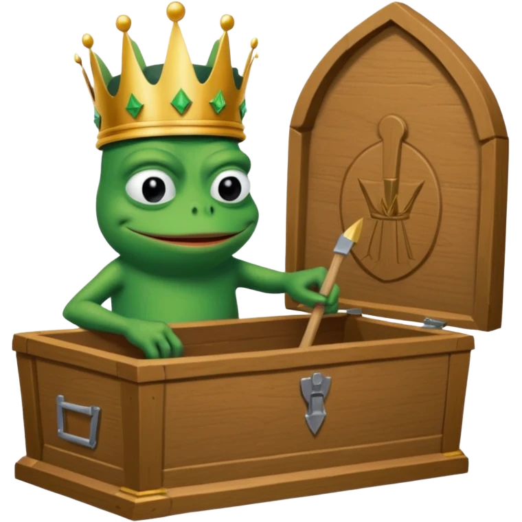 Emoji of an empty wooden coffin with its lid on top, the word ‘ECHO’ carved into the lid. The coffin is shown from the outside. A king-like Pepe the Frog, standing outside the coffin, is hammering nails into the lid to seal it shut. No character is inside the coffin. Not a treasure chest. emoji