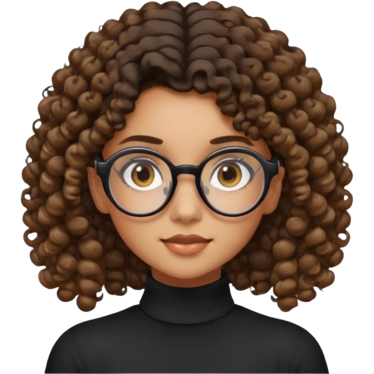 un chica con pelo rizado tiene hecha una coleta y con dos rizos sueltos en la parte de alante que le llega hasta el cuello. luego pil un poco morena ojos marrones y tiene gafas negras y son exagonales pero un poco redondeadas. emoji