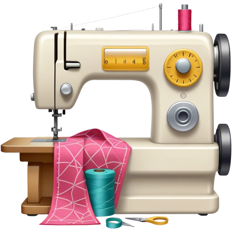 Sewing icon, measuring tape, pins, scissors, and a dress in progress, sewing machine with thread, visible needle, spools of thread, fabric pieces cut according to patterns, minimalistic style, clean lines, transparent background. emoji