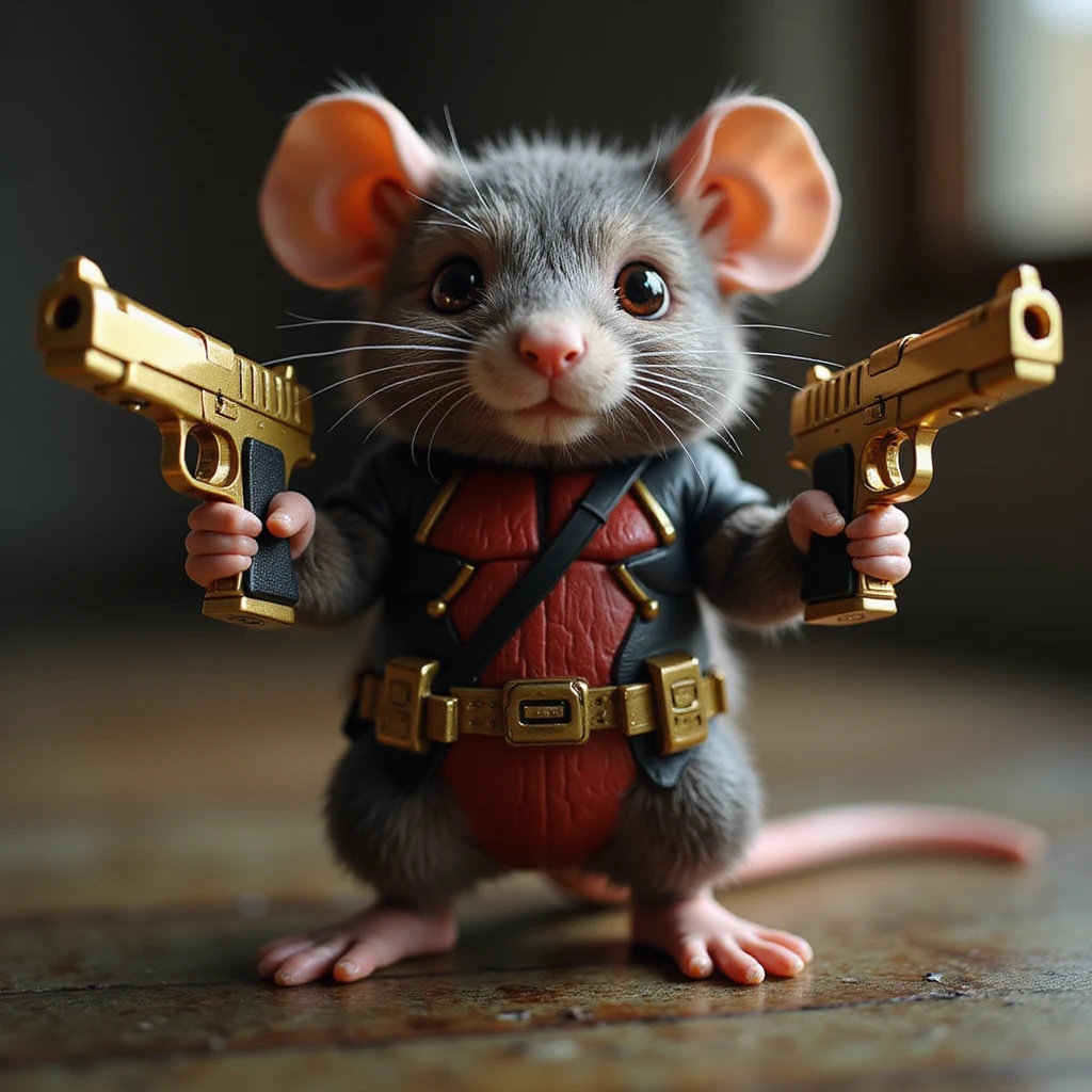Deadpool-inspired rat, highly realistic fur texture, armed with two shiny golden Desert Eagle guns, cinematic look. emoji
