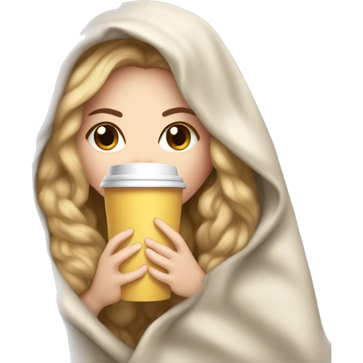 White girl inside a blanket sipping coffee eyes closed emoji