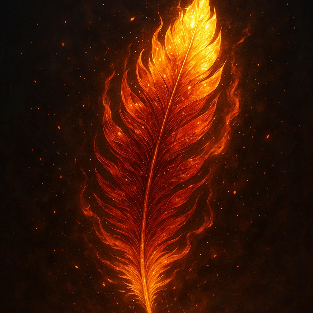 fiery phoenix feather, golden tips, intense heat effect, glowing, highly detailed, magical aura emoji