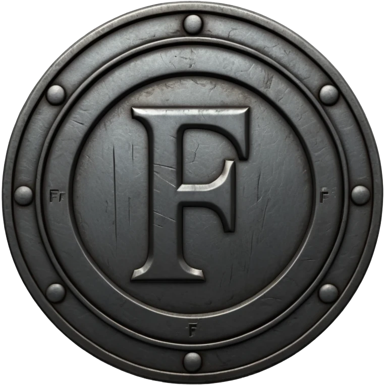 Minimal emoji, gothic metal coin made of black steel, engraved number f at the center, ancient industrial aesthetic, worn metal texture, no glow, no neon, flat emoji design, centered, transparent background emoji