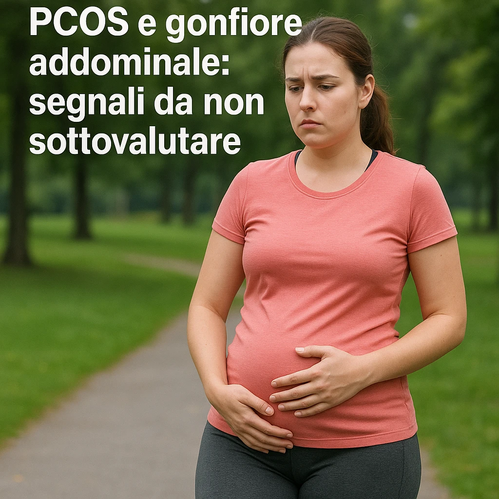 Donna in abbigliamento sportivo, cammina all’aperto con passo lento, una mano sulla pancia gonfia, espressione seria, testo in italiano: 'PCOS e gonfiore addominale: segnali da non sottovalutare', sfondo parco, qualità 4K emoji