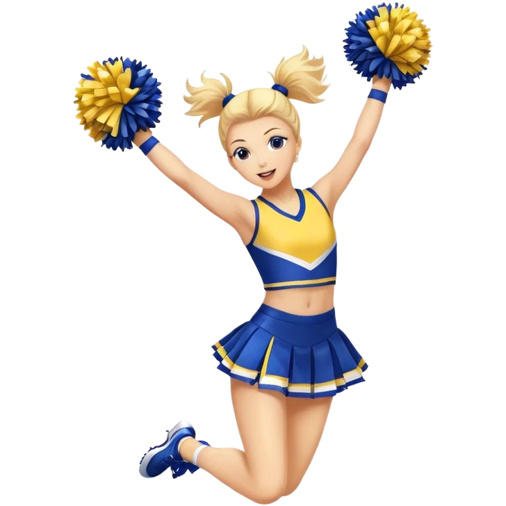 Cheerleader jumping with pom poms and a blue and yellow uniform  emoji