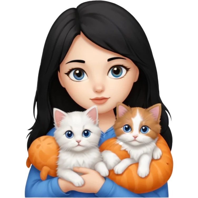 A girl black hair and brown eyes with A 2-month-old Persian-Angora mix kitten with blue eyes and mostly ORANGE fur with white patches emoji