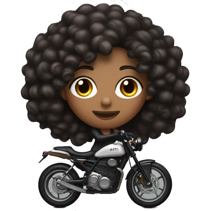 A brown skin girl with shoulder length curly black hair on a black sports bike  emoji
