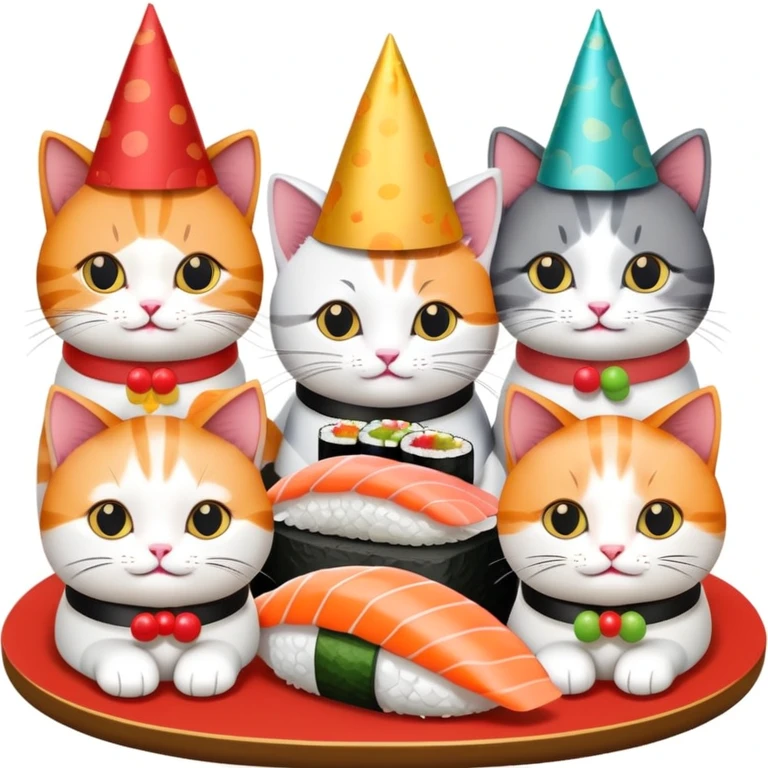 Cats gathered around sushi at a birthday party emoji