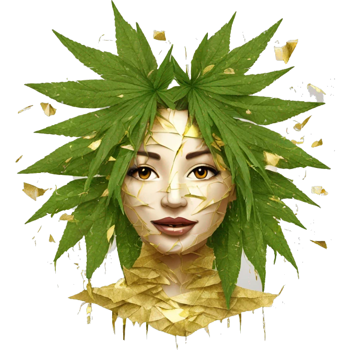  Hemp 420 lady face melting gold drizzle kintsugi palm leaves tropical made of 420 origami newspaper roses hemp leaves lantern fairy lights burning paper and hemp leaves in hair emoji