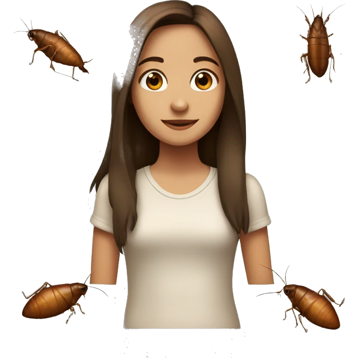 a slightly tan brown haired girl standing next to a roach  emoji