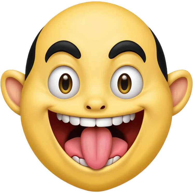 Freaky yellow face emoji smiling really big with huge tongue out and eyes wide open. Tongue should is wagging back and forth. Give him a head of black hair emoji