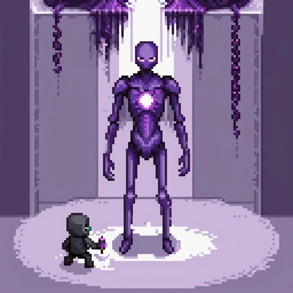Minecraft Enderman attacking player with username "Artem" in the End dimension, purple particles emoji