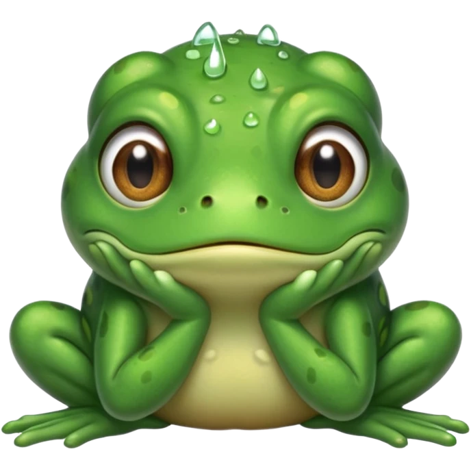  قورباغه ای که‌ ناراحته و دستش رو سرشه و اشکش در اومده و گوگولی ایستاده emoji