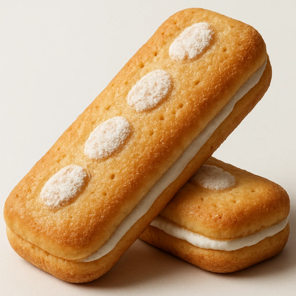 Make the ladyfinger biscuits more realistic: enhance the natural golden-brown color, add more detailed airy and spongy texture, increase the realism of the powdered sugar dusting, and refine the soft highlights and shadows for a true-to-life 3D look. Keep the arrangement and background the same, no anthropomorphic features. The style should maintain the original realistic photographic look of the biscuits. emoji