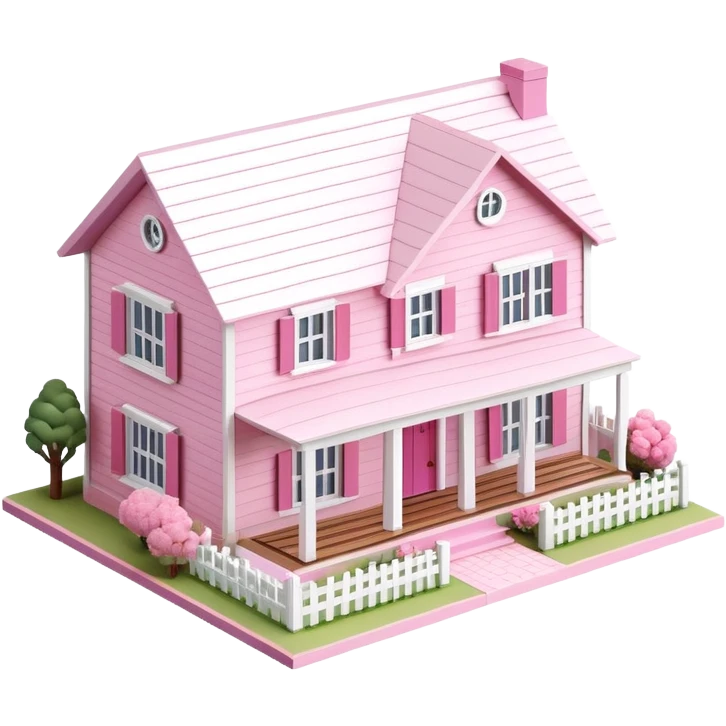modern farmhouse dollhouse, 3d isometric, pink and white emoji