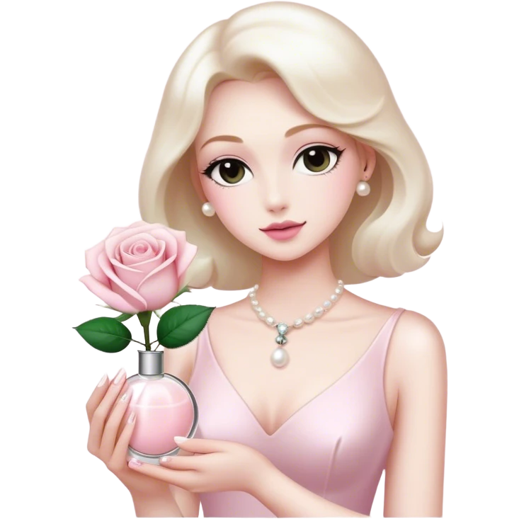 white rose next to a pearl-colored envelope and a flacon of aesthetically pleasing perfume in powder pink  emoji