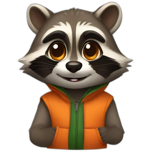 a small brown raccoon with orange eyes with a dark green hood that laugh emoji