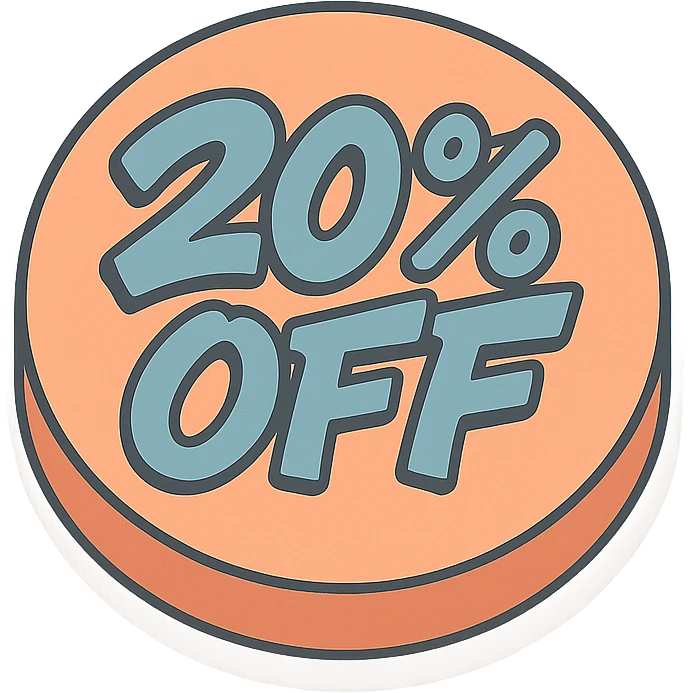Round label with lettering 20% off with graffiti style  emoji
