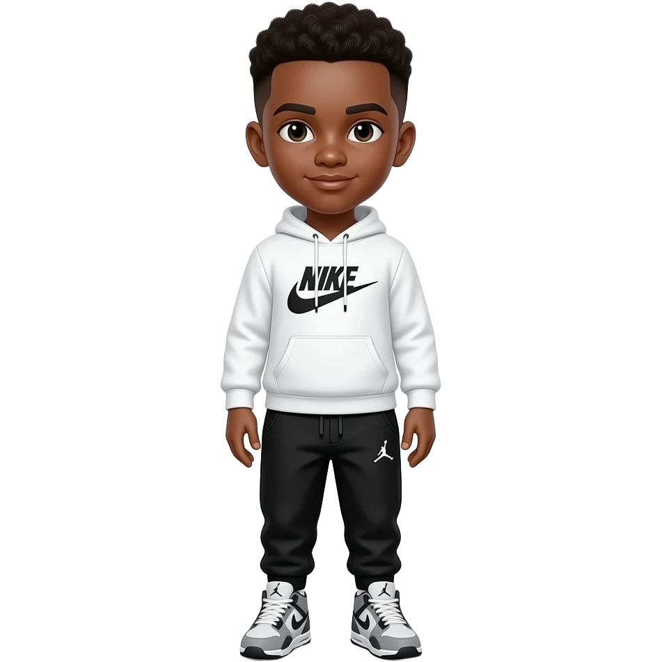 12 year old black boy with brown low taper fade and it’s thick wearing white nike tech and black jordan pants with grey jordan 4’s emoji