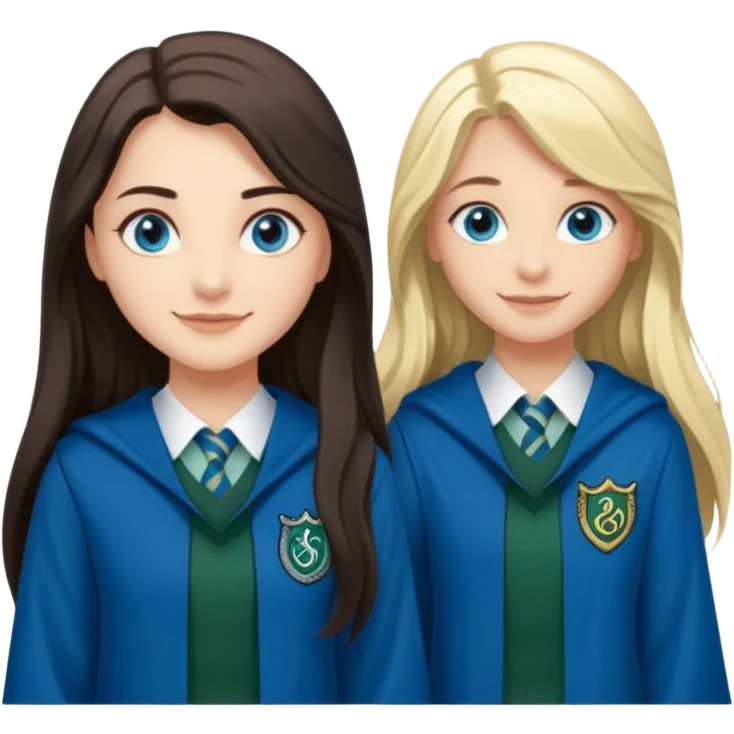 a pretty ravenclaw girl with long dark brown hair and blue eyes standing with a hot Slytherin girl with long blonde hair, blue eyes emoji
