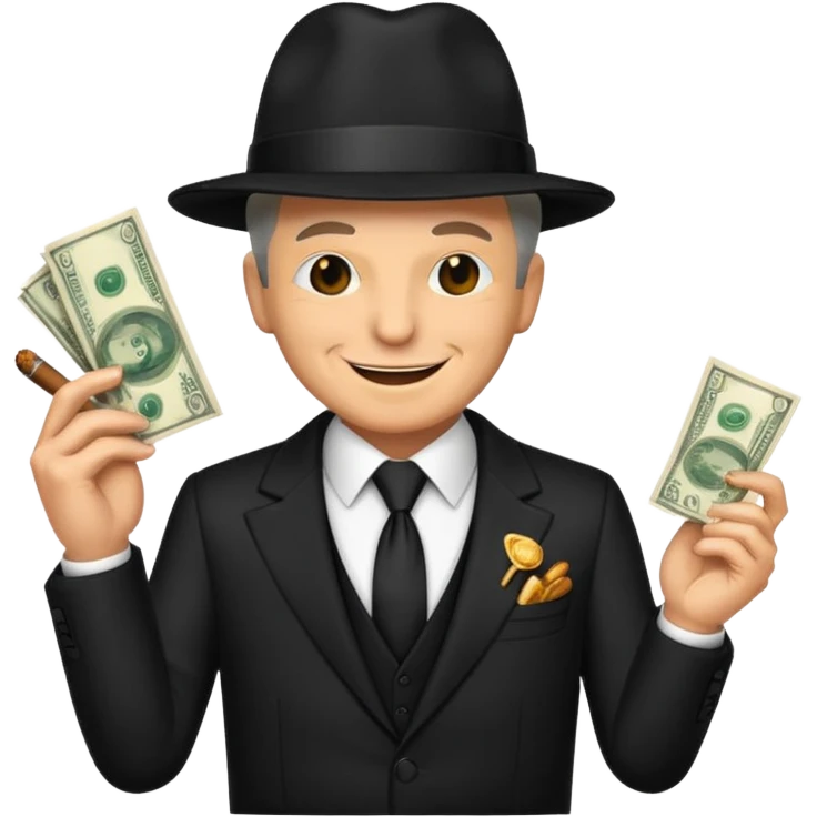 "Emoji of a powerful mafia boss, inspired by classic gangster movies, wearing a stylish white or black suit, holding a cigar and surrounded by money." emoji