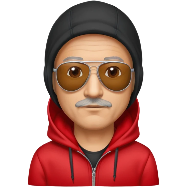 50-year-old man with slight stubble on upper lip, black aviator sunglasses, wearing a red hoodie with hood up emoji