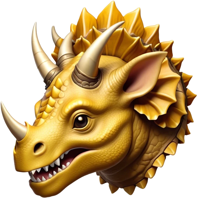 Cinematic Noble Triceratops Portrait Emoji, Poised and formidable, with a robust, stocky build adorned by three prominent horns and a broad, intricately frilled head, exuding ancient strength and wisdom, Simplified yet sharply defined features, highly detailed, glowing with a soft, earthy radiance, high shine, intelligent and stalwart, stylized with an air of prehistoric majesty, focused and resolute, soft glowing outline, capturing the essence of a watchful and confident Triceratops that appears ready to charge out of the screen with effortless power! emoji