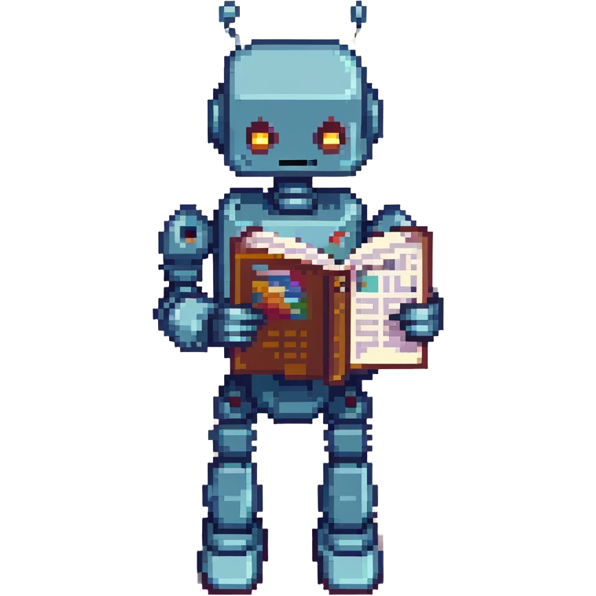 newsletter about AI, featuring a robot reading news in pixel art style emoji