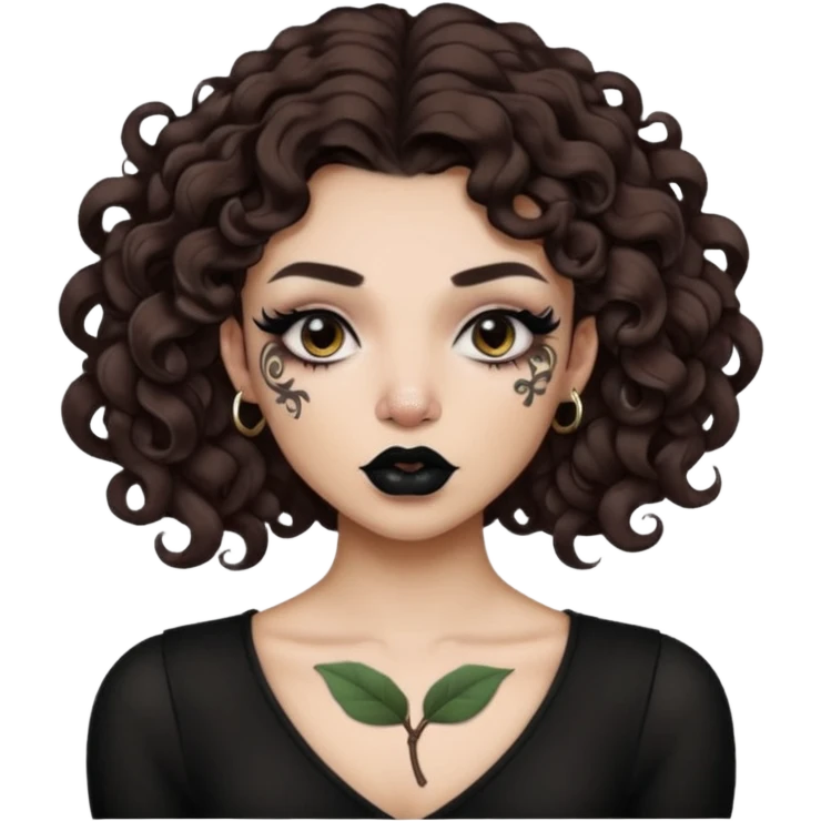 Alternative girl with curly dark brown hair and a magnolia throat tattoo emoji