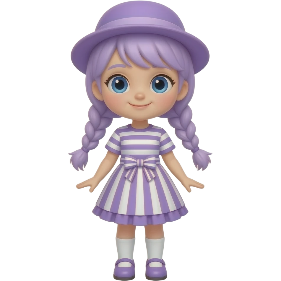 A girl with pale purple hair tied in two braids, and blue eyes. wearing a pale purple dress with pale purple and white striped short sleeves, pale purple and white striped skirt with a pale purple frill, a pale purple and white striped waistbow, a pale purple hat, white socks and pale purple shoes. emoji