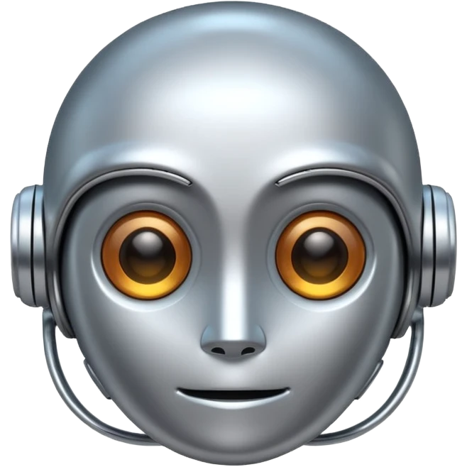 A cute futuristic robot emoji made of silver chrome, rounded friendly body, minimal facial features, glossy metallic surface, soft reflections, iOS emoji style, centered, clean white background emoji